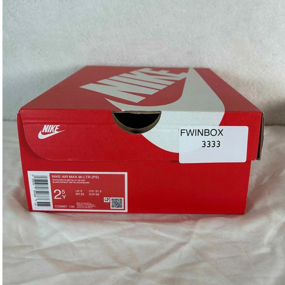 Nike Air Max 90 LTR PS White Metallic Silver Sneakers CD6867-100 Size 2.5Y
